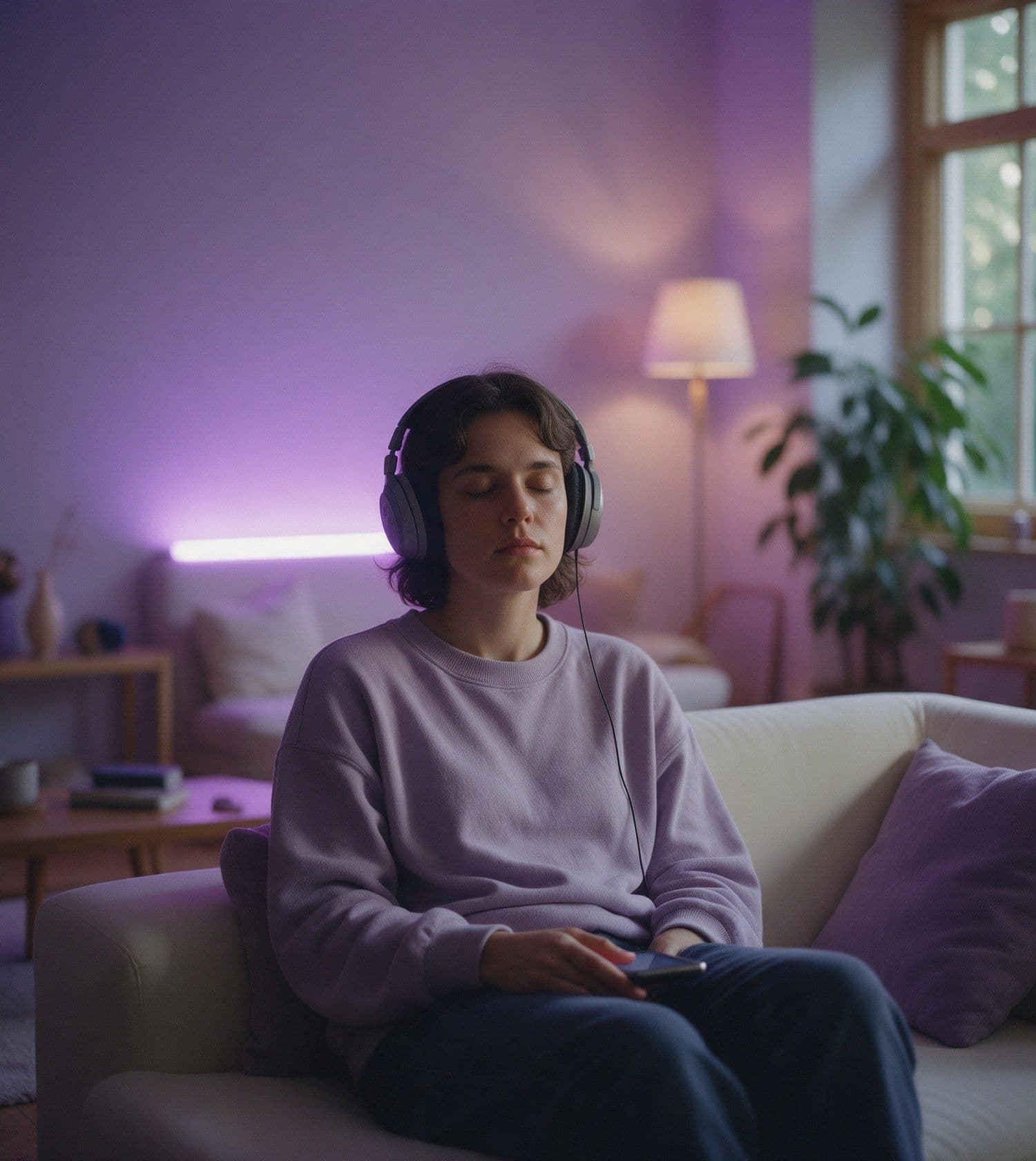 A listener at home with headphones on, part way through an episode