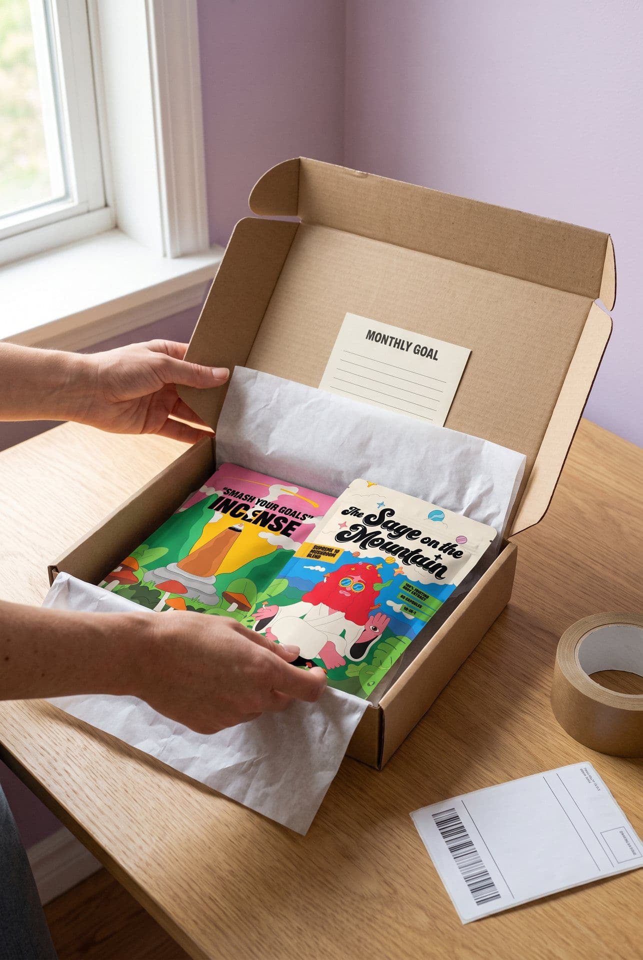 An order being packed by hand — the Supreme 10 Mushroom Blend and its “Smash Your Goals” incense in a kraft mailer box with a Monthly Goal card