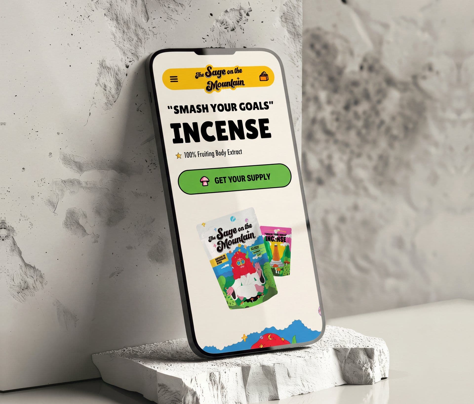 The home page on a phone — the incense hero, its Get Your Supply button and the product pouches