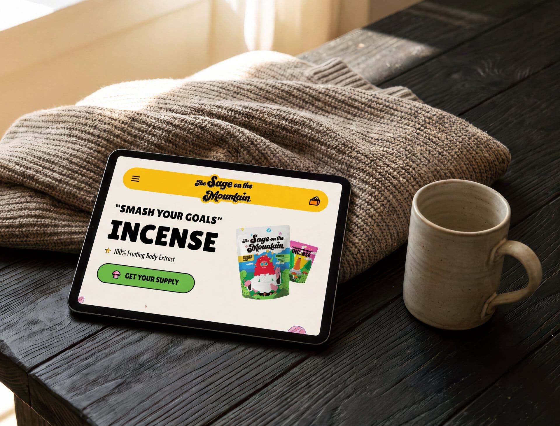 The home page on a tablet resting on a wooden table beside a knit sweater and a mug