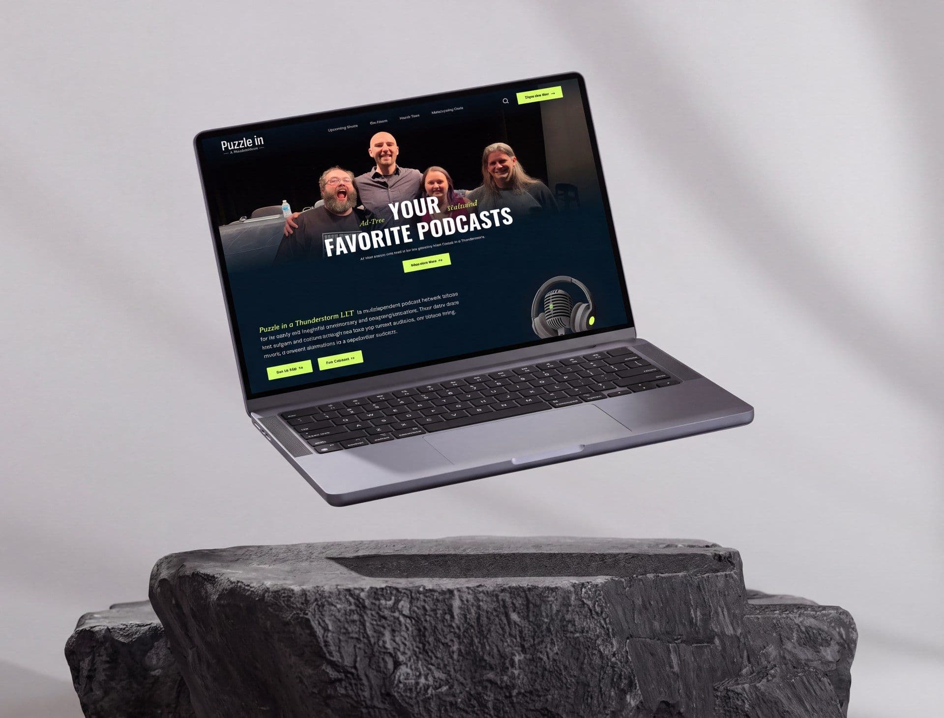 The Puzzle in a Thunderstorm home page on a laptop — the network’s four hosts and the ad-free promise