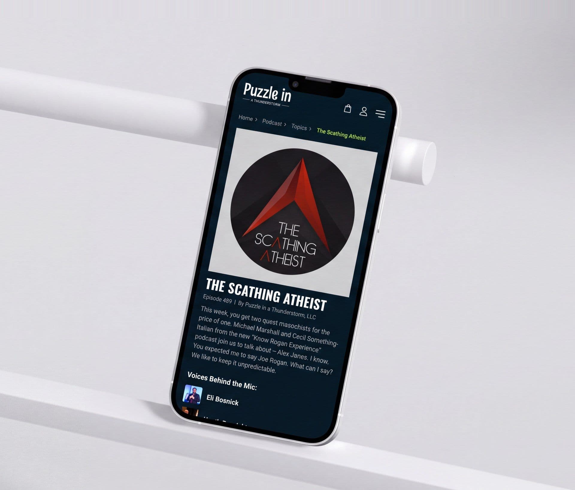 A show page on a phone — The Scathing Atheist, its artwork and episode notes