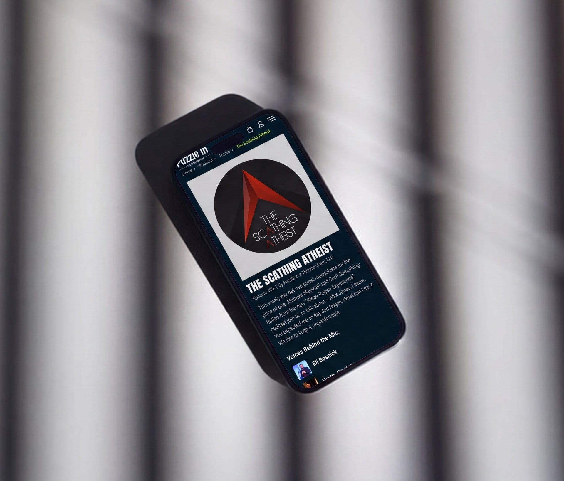 The Puzzle in a Thunderstorm podcast page on a phone